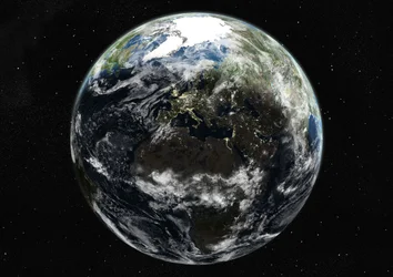 Globus zentriert auf Europa und Afrika, Satellitenbild in Echtfarben